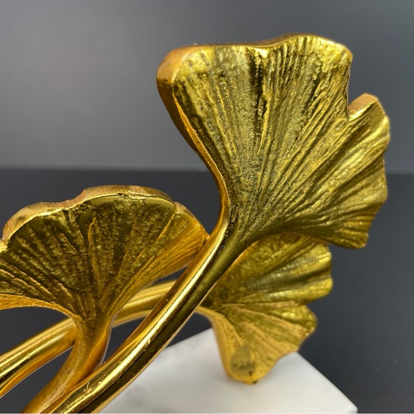 Sculpture 2 Leaf Ginko Gold Look Sculpture Modern Metal Leaves Marble Base - Picture 10 of 10